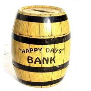 Vintage J. Chein Tin Litho Bank Happy Days Barrel Toy